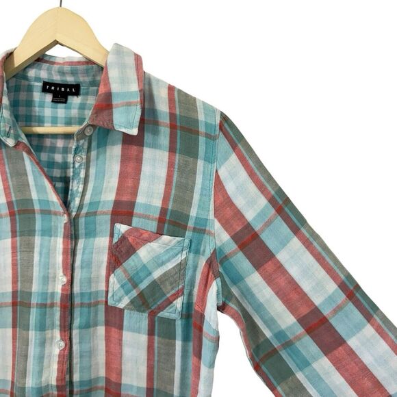 Tribal Brand Large Button Flannel Shirt Plaid Long Sleeve Roll Tabs Womens - Picture 8 of 16